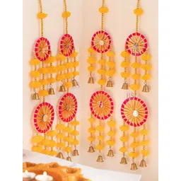 BS AMOR Set Of 3 Yellow & Pink Artificial Flowers Hanging Latkan With Bells-picture-12