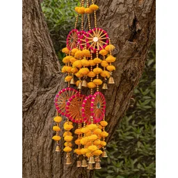 BS AMOR Set Of 5 Yellow & Pink Artificial Flowers Hanging Latkan With Bells-picture-19
