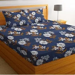 BSB HOME 100% Microfiber bedsheet for Double Bed with 2 Pillow Covers Breathable | Wrinklefree and Softtouch White Flower Print Sheet- Dark Blue-picture-12