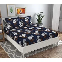 BSB HOME 100% Microfiber Flat Double Bedsheets with 2 Pillow Covers | Double Bed Breathable | Wrinklefree | Ultrasoft 144 TC Supersoft |88" x 88" or 225x228 cm, 7 x 7 Feet | Navy Blue White Flower-picture-11