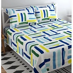 bsb home BSB HOME® 200 TC 100% Cotton Feel Bedsheet for Double Bed with Two King Size Pillow Covers Soft/Breathable Wrinkel Free - 90x100 Inches - (Multicolour, White Green & Yellow)-picture-30
