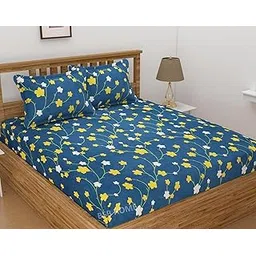 BSB HOME Premium 160 TC Leaf Super Soft Glace Cotton Floral Breathable & Wrinkle Free Bedsheet with 2 Pillow Covers (Dark Blue and Yellow, Double) - 3 Pcs Set-image-37