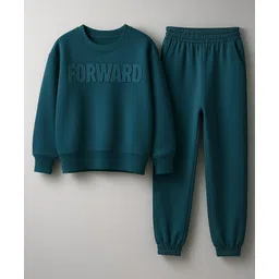 Bubble Berry Knit Full Sleeves Forward Text Puff Printed Oversized Winter Sweatshirt & Joggers Set - Teal Blue-picture-10
