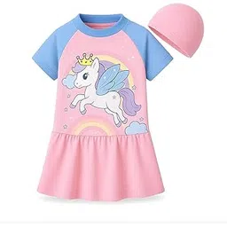 Bubble Berry Girls' Two-Piece Unicorn Swimming Costume with Cap | Short Sleeve | Skirted Dress Style-picture-13
