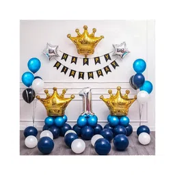 Bubble Trouble 1st Birthday decoration items kit for boys with golden crown foil balloons 69 Items Dark blue Navy blue white & gold Pack of 69-picture-22