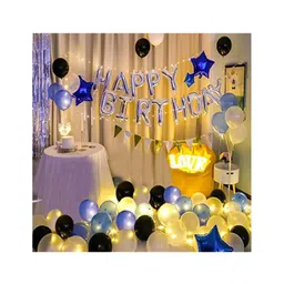 Bubble Trouble Birthday Decoration Items 97 Pcs Foil Happy Birthday Decoration For Boys Girls | White Blue Star Metallic Balloons For Decoration | Banner(cardstock) | Fairy Led Lights For Decoration-picture-37