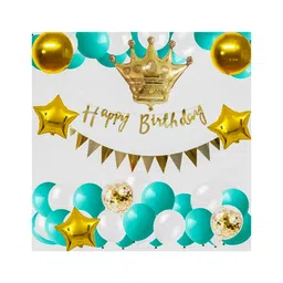 Bubble Trouble Birthday decoration items kit with Crown foil balloon Blue White Golden Pack of 62-picture-27