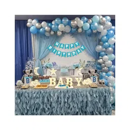 Bubble Trouble  Blue Theme Birthday Decoration Items for Kids Party Decor with Blue & White Balloons For Decoration Metallic Silver & Dark Blue decorations with HBD Banner for Bday Parties- Set of 68 items-picture-35