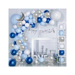 Bubble Trouble  Blue theme birthday decoration items kit for boys with silver moon foil balloon & blue white & silver balloons set with cursive HBD Banner- 64 Items-picture-13