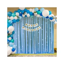 Bubble Trouble  Blue Theme Birthday Decorations Items For Baby Boy With Tulle Net Blue Curtain Dark Blue Light Blue White Mint Green Silver Chrome Balloons Set Of 61 Items-picture-27