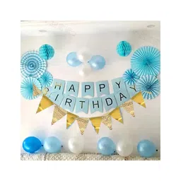 Bubble Trouble Blue Theme Happy Birthday Decoration Items DIY Combo Kit with Pastel Blue & White Balloons Paper Fans & Flags for Party Background Wall Stage Decor Pack of 48 Items - Multicolour-picture-20