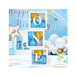 Bubble Trouble Cardstock,Latex One Box For 1St Birthday-34 Pcs,Baby Balloon Box For 1St Birthday|First Bday Decorations Boy|Decoration Items For Boy|1 Year Birthday Box Balloons Blue Golden White-picture-38