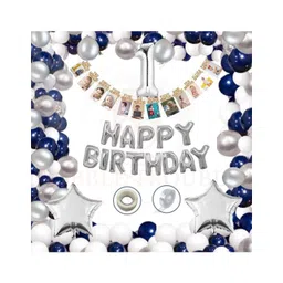 Bubble Trouble Happy Birthday Balloons Decoration Kit Combo 13 letter banner 1st Birthday Dark Blue Silver White Theme - Pack of 67-picture-29