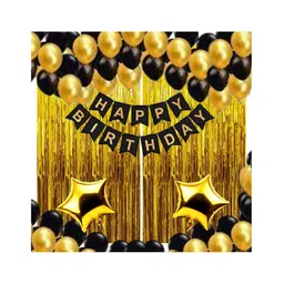 Bubble Trouble Happy Birthday Decoration Kit Pack of 55 Combo with 2 Pcs Gold Fringe Foil Curtains 1 Black Birthday Banner 25 Pcs Black Balloons for Kids Birthday Decoration Items-image-31