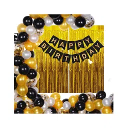 Bubble Trouble Happy Birthday Decoration Kit Pack of 58 Combo with 2 Pcs Gold Fringe Foil Curtains 1 Pc Black Banner 1 Pc Arch 50 Pcs Black GOld Silver Balloons for Kids Birthday Decoration Items-image-35