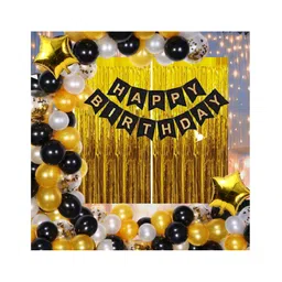 Bubble Trouble Happy Birthday Decoration Kit Pack of 61 Combo with 2 Pcs Gold Fringe Foil Curtains 1 Pc Black Banner 1 Pc Arch 50 Pcs Black Gold Silver Balloons for Kids Birthday Decoration Items-image-37