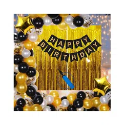 Bubble Trouble Happy Birthday Decoration Kit Pack of 62 Combo with 2 Pcs Gold Fringe Foil Curtains 1 Pc Black Banner 1 Pc Arch 50 Pcs Black Gold Silver Balloons for Kids Birthday Decoration Items-image-38