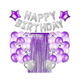 Bubble Trouble Happy Birthday Purple Theme Confetti & Metallic Balloons Heart Star Balloon Foil Fringe Curtain 16th 18th 19th 21st Purple & Silver Theme Birthday Party Kit - 37 Piece-image-23