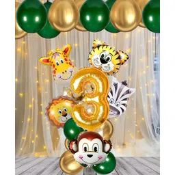 Bubble Trouble Jungle Safari Theme 3rd Birthday Decoration Wild Animal Foil Balloon Dark Green Balloons Gold Metallic Helium Balloons No. 3 Foil Party Supplies Zoo Decor For Kids - Pack of 18-picture-19