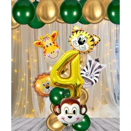 Bubble Trouble Jungle Safari Theme 4th Birthday Decoration Wild Animal Foil Balloon Dark Green Balloons Gold Metallic Helium Balloons No. 4 Foil Party Supplies Zoo Decor For Kids- Pack of 18 pcs-picture-20