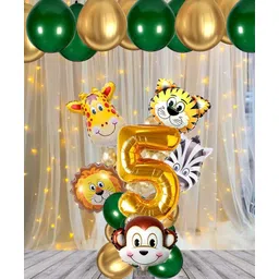 Bubble Trouble Jungle Safari Theme 5th Birthday Decoration Wild Animal Foil Balloon Dark Green Balloons, Gold Metallic Helium Balloons No 5 Foil Party Supplies Zoo Decor For Kids - Pack of 18-picture-18
