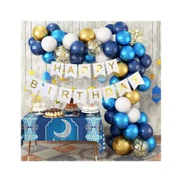 Bubble Trouble Metallic Blue Metallic Golden White Balloons, Happy Birthday Banner Decoration Kit For Birthday Party (Pack Of 61)-picture-19