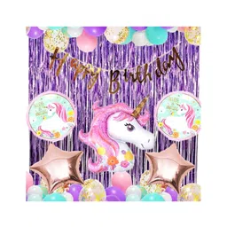 Bubble Trouble rosegold blue pink white happy birthday Unicorn Theme Party decoration Supplies Combo 52Pcs Foil Balloon Unicorn Balloon Star curtain For Girls Birthday Party Decoration-picture-32