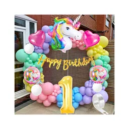 Bubble Trouble  Unicorn theme 1st birthday decoration Kit for Girls Boys kids baby girl for 1 Year with Unicorn Foil Pink Heart Pink Purple Yellow Mint Orange Blue Pastel White Metallic Balloons Banner-picture-11