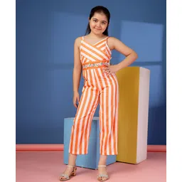 Budding Bees Cotton Sleeveless Striped & Floral Embroidered Jumpsuit - Orange-picture-24