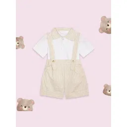 Budding Bees Kids Beige & White Striped Polo T-Shirt with Dungaree-image-47