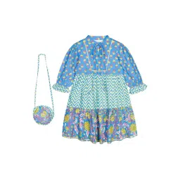Budding Bees Kids Blue & Yellow Cotton Printed Dress with Handbag-picture-20