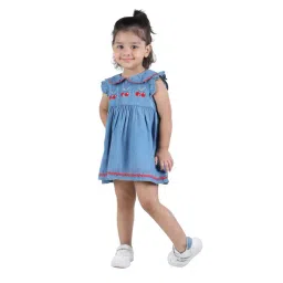 Budding Bees Kids Blue Embroidered Denim Dress-picture-14
