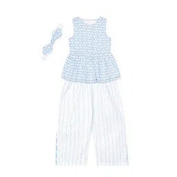 Budding Bees Kids Light Blue & White Floral Print Top, Pants with Hairband-image-39