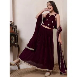 Bugandbees Girls Embroidered Regular Sequinned Velvet Kurta with Skirt & With Dupatta-picture-16