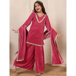 Bugandbees Girls Regular Gotta Patti Velvet Kurta with Palazzos & With Dupatta-picture-37