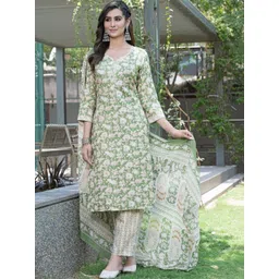 BulBul Women Floral Printed Regular Pure Cotton Kurta with Trousers & With Dupatta image 5