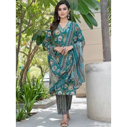 BulBul Women Floral Printed Regular Pure Cotton Kurta with Trousers & With Dupatta image 3