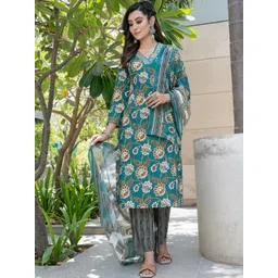 BulBul Women Floral Printed Regular Pure Cotton Kurta with Trousers & With Dupatta image 4