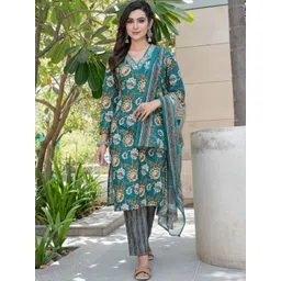 BulBul Women Floral Printed Regular Pure Cotton Kurta with Trousers & With Dupatta image 1