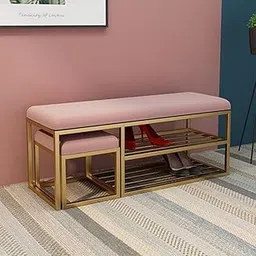 BULKWOOD Shoe Rack Bench Organizer with Mesh Seat for Bedroom Entry Window Mudroom Living Room, 2-Tier Fleece Bench Bench for Entryway (Pink Gold)-picture-24