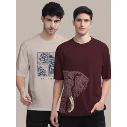 Bullmer Maroon & Beige Cotton Oversized Fit Printed T-Shirt - Pack Of 2-picture-25