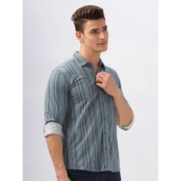 BULLMER Men Spread Collar Multi Striped Cotton Casual Shirt image 5