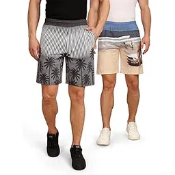 bullmer Regular Fit Cotton Blend Summer Shorts for Men - Pack of 2 | Printed Shorts for Men Blue/Grey-picture-39