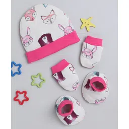 BUMZEE Animals Printed Coordinating Cap Mittens & Booties Set - Off White & Pink-picture-10
