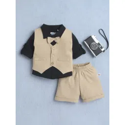 Bumzee Boys Black & Beige Full Sleeves Shirt Waistcoat & Short Set With Applique Bow-picture-43