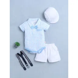 Bumzee Boys Blue & White Half Sleeves Bodysuit & Short Set With Bow Suspender & Cap-picture-11