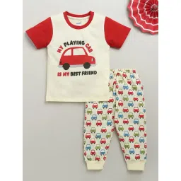 Bumzee Boys Cream Cotton Graphic T-Shirt with Pyjama-picture-33