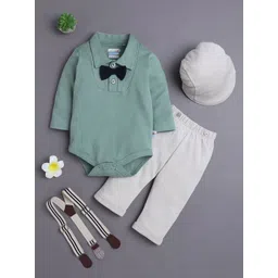 BUMZEE Boys Pure Cotton Full Sleeves Bodysuit Pant Set With Suspender & Cap-picture-32