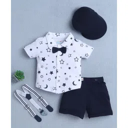 BUMZEE Cotton Half Sleeves Moon & Stars Printed Shirt & Shorts With Attached Bow Suspender & Cap Set - White & Navy Blue-picture-25
