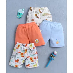 BUMZEE Cotton Knit Above Knee Length Jungle Theme Printed Shorts Pack of 4 - White Orange & Light Blue-picture-16